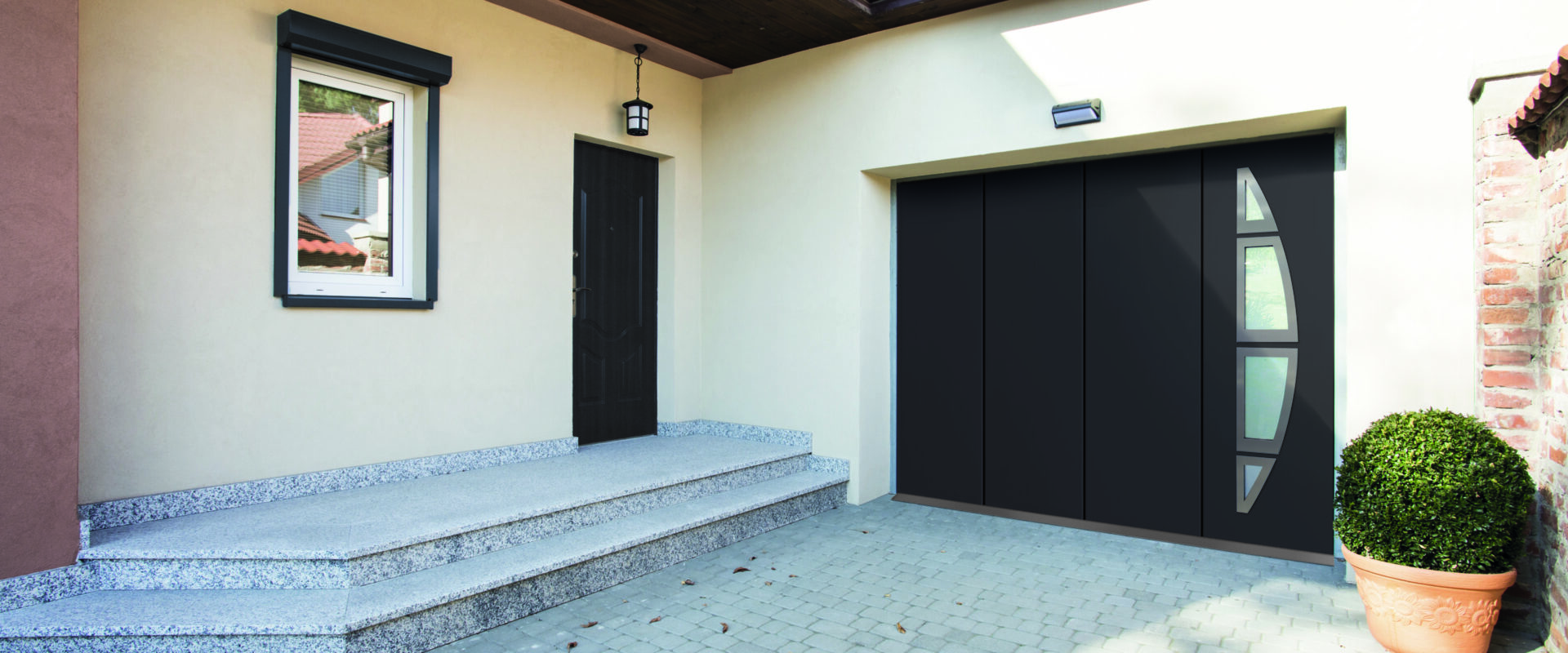 House entrance next to garage