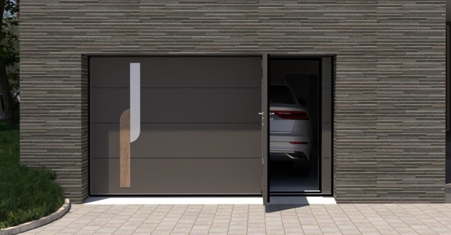 Porte de garage basculante isolé, avec portillon, teinte Gris Ral 7039 avec application WAP008